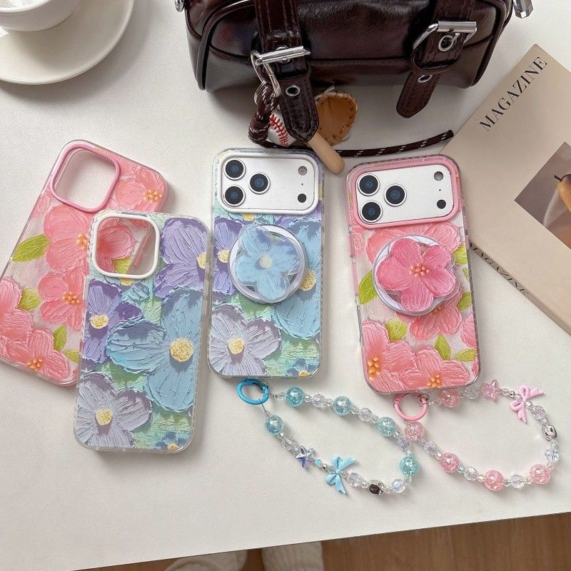 iPhone Floral Case with Flower Grip & Beaded Strap – Soft Back Cover
