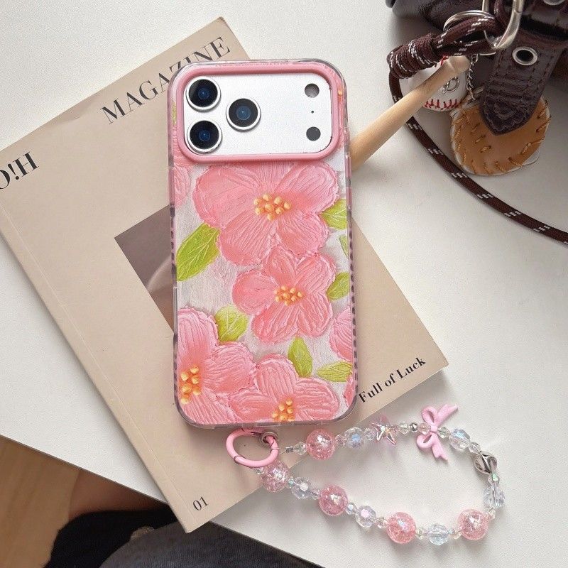 iPhone Floral Case with Flower Grip & Beaded Strap – Soft Back Cover