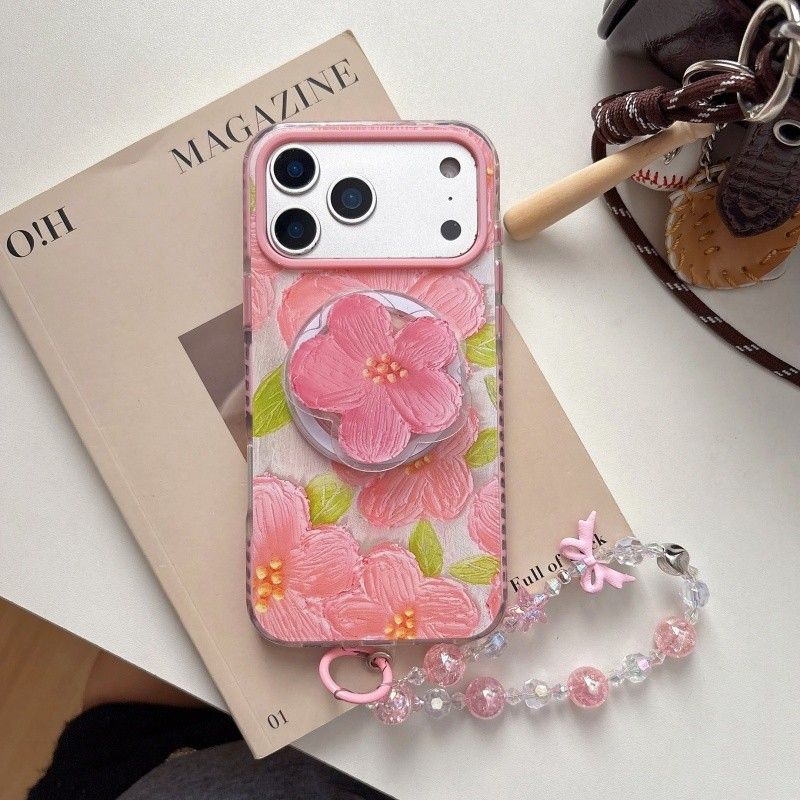 iPhone Floral Case with Flower Grip & Beaded Strap – Soft Back Cover
