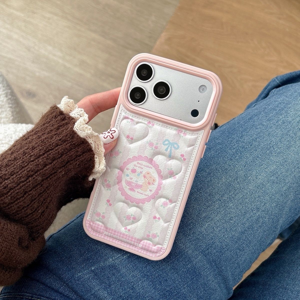 Cute Pastel Pink Heart iPhone Case with Card Holder – Soft Wallet Style Cover