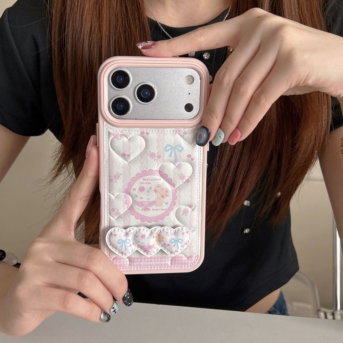 Cute Pastel Pink Heart iPhone Case with Card Holder – Soft Wallet Style Cover