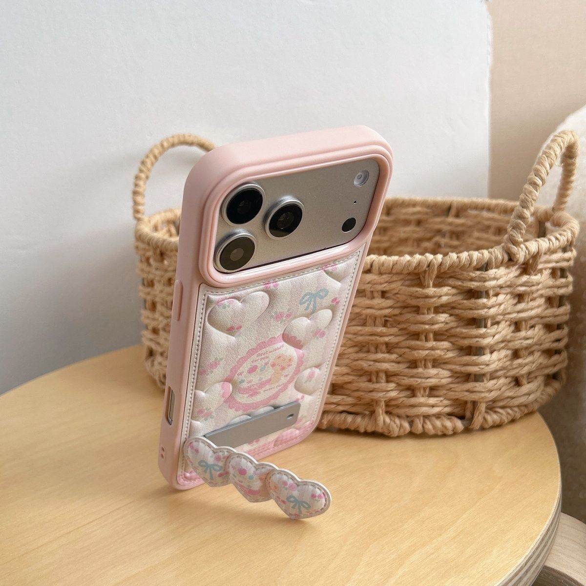 Cute Pastel Pink Heart iPhone Case with Card Holder – Soft Wallet Style Cover