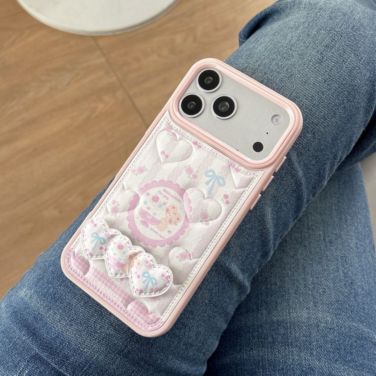Cute Pastel Pink Heart iPhone Case with Card Holder – Soft Wallet Style Cover