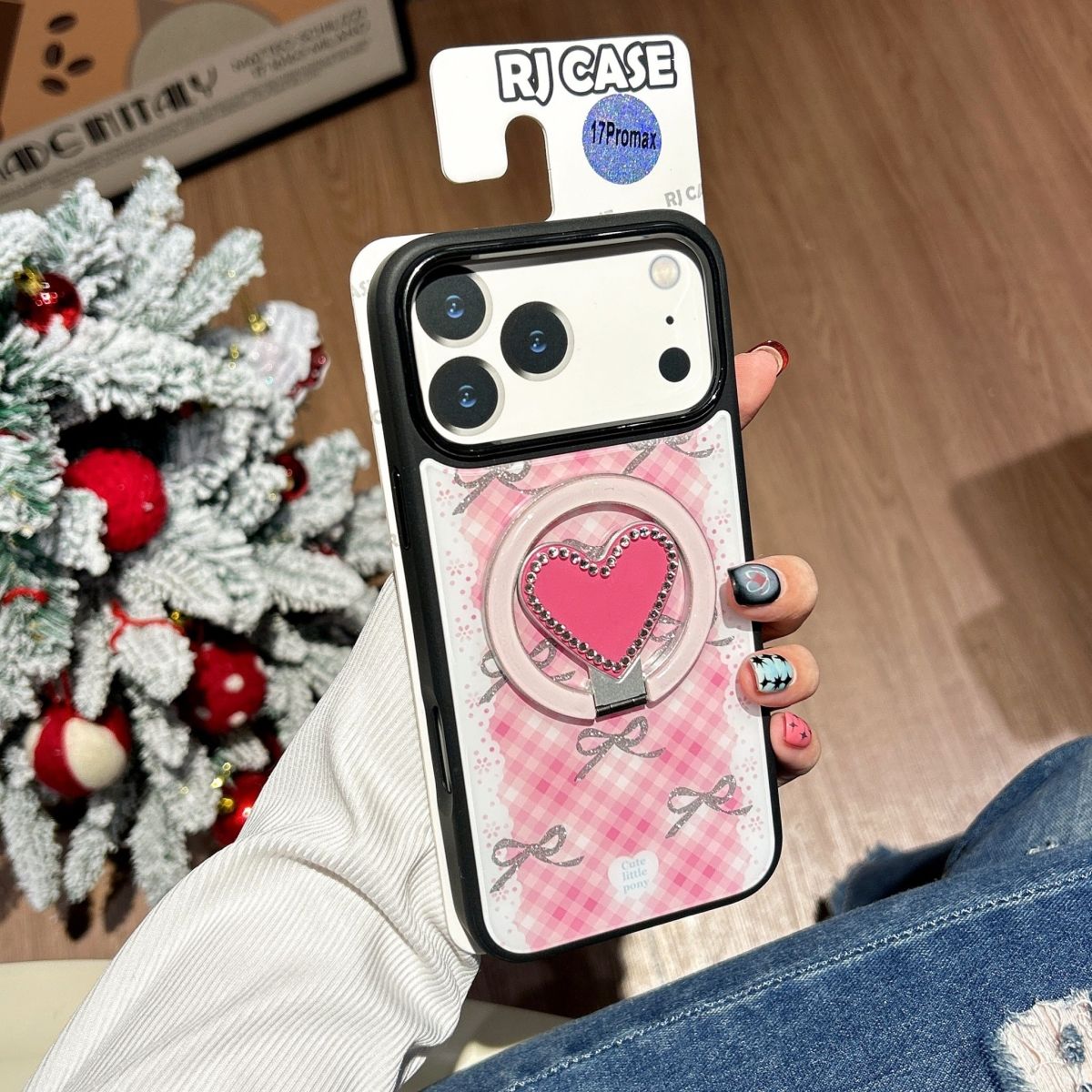 iPhone Pink Heart Ring Holder Case with Check Pattern – Soft Back Cover