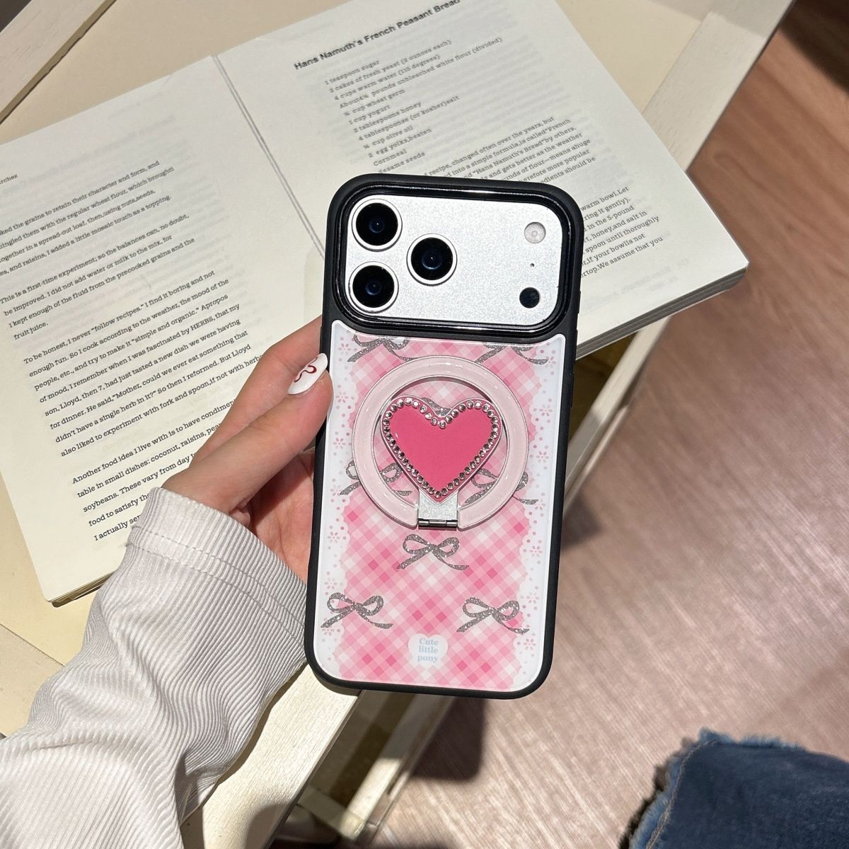 iPhone Pink Heart Ring Holder Case with Check Pattern – Soft Back Cover