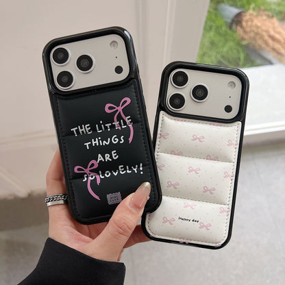 Cute Bow Pocket Phone Case with Card Holder – Aesthetic Quote & Ribbon Design
