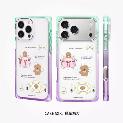 iPhone Transparent Cartoon Bear Print Case with Gradient Border – Soft Cover