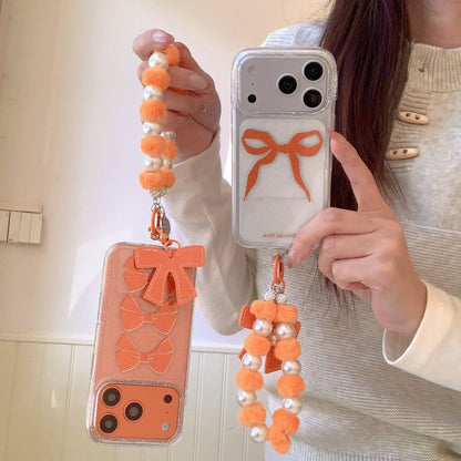 Orange Bow Aesthetic iPhone Case with Beaded Charm | Clear Glitter Shockproof Back Cover
