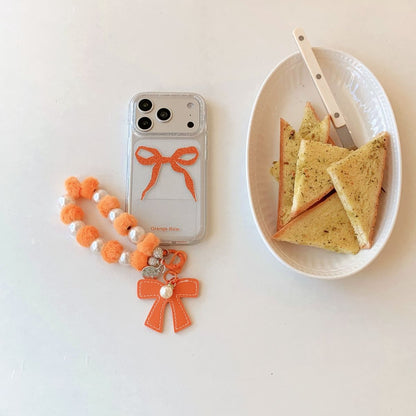 Orange Bow Aesthetic iPhone Case with Beaded Charm | Clear Glitter Shockproof Back Cover