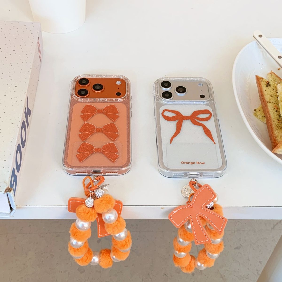 Orange Bow Aesthetic iPhone Case with Beaded Charm | Clear Glitter Shockproof Back Cover