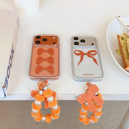 Orange Bow Aesthetic iPhone Case with Beaded Charm | Clear Glitter Shockproof Back Cover