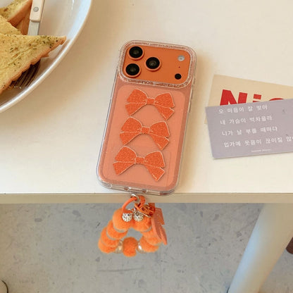 Orange Bow Aesthetic iPhone Case with Beaded Charm | Clear Glitter Shockproof Back Cover