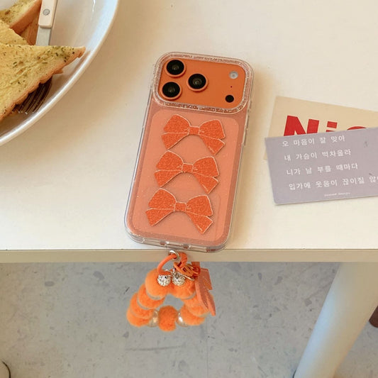 Orange Bow Aesthetic iPhone Case with Beaded Charm | Clear Glitter Shockproof Back Cover