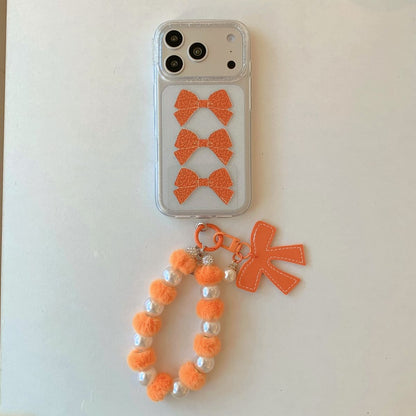 Orange Bow Aesthetic iPhone Case with Beaded Charm | Clear Glitter Shockproof Back Cover