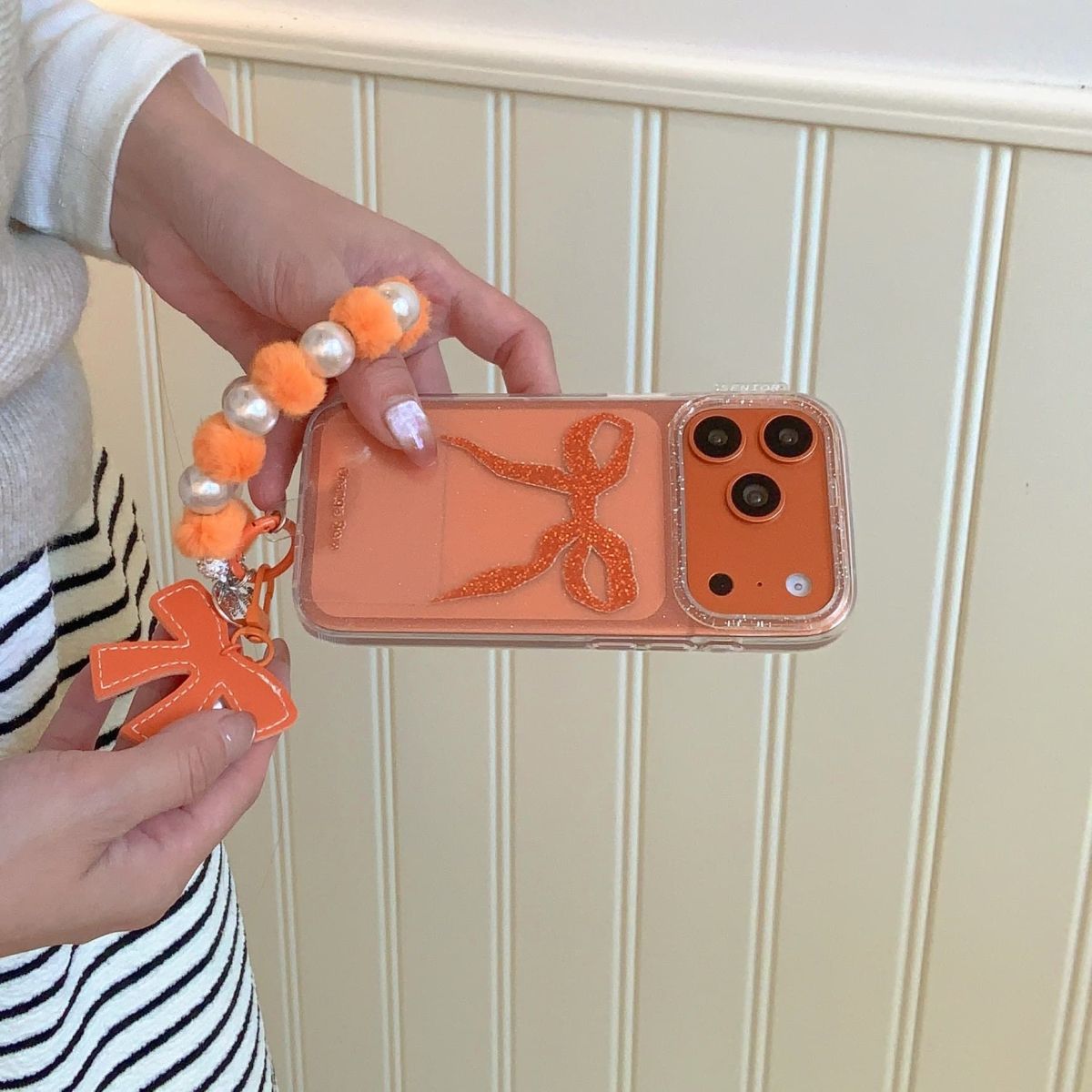 Orange Bow Aesthetic iPhone Case with Beaded Charm | Clear Glitter Shockproof Back Cover