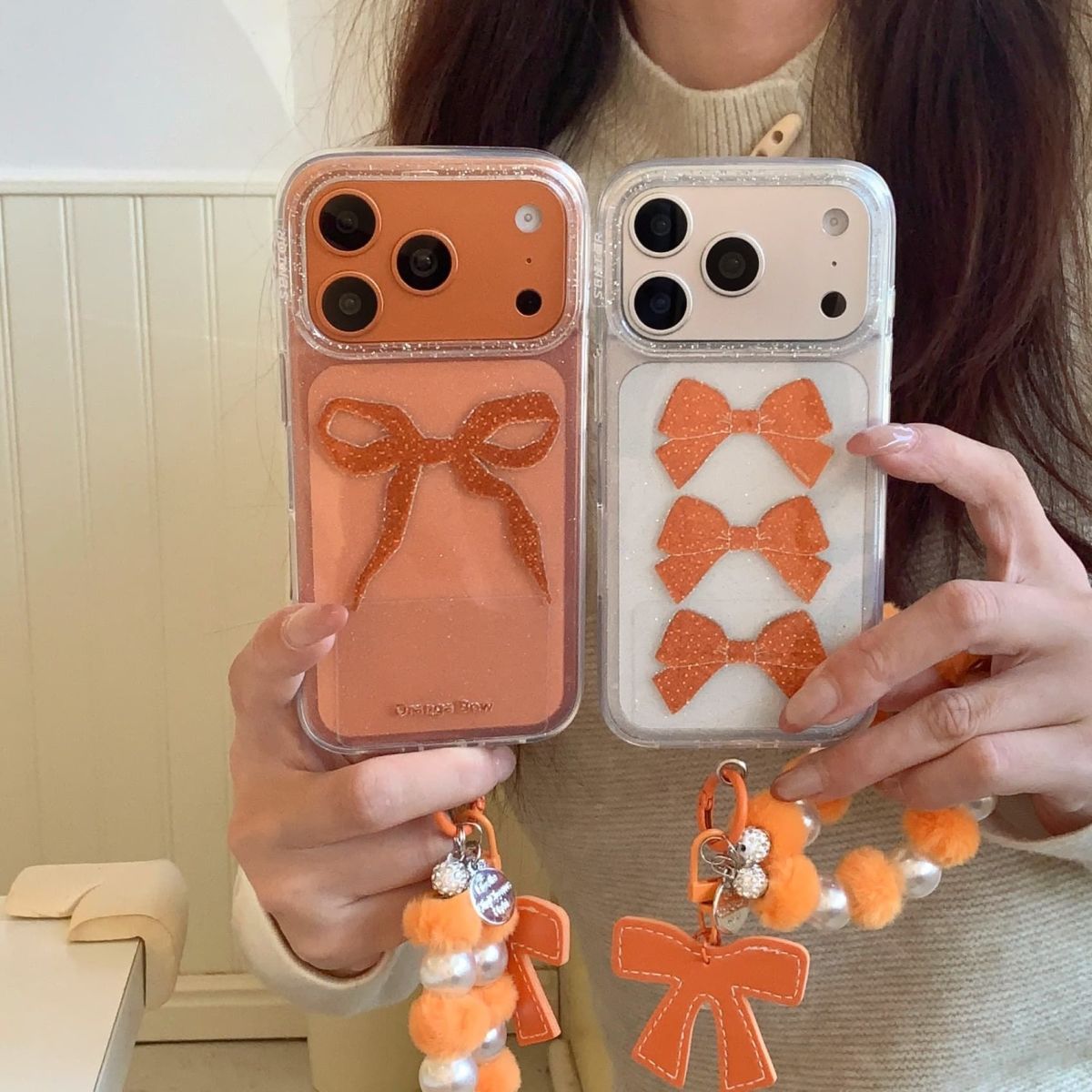Orange Bow Aesthetic iPhone Case with Beaded Charm | Clear Glitter Shockproof Back Cover