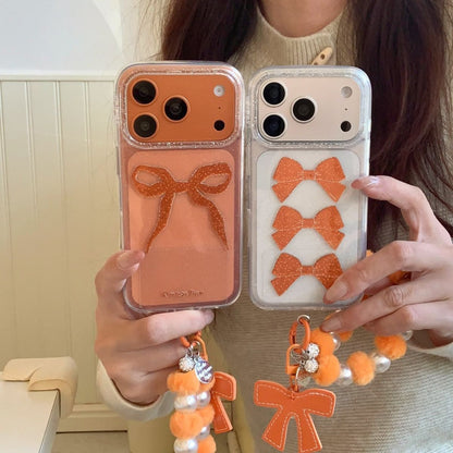Orange Bow Aesthetic iPhone Case with Beaded Charm | Clear Glitter Shockproof Back Cover