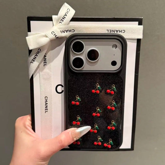 iPhone Black Case with Cherry Pattern – Soft Shockproof Back Cover