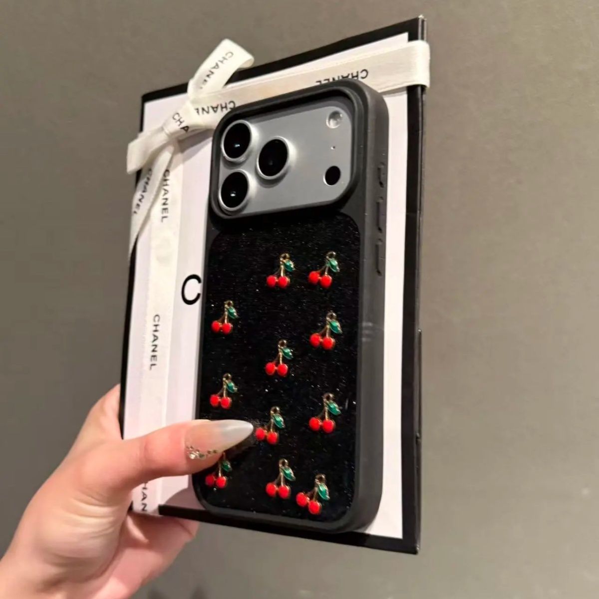 iPhone Black Case with Cherry Pattern – Soft Shockproof Back Cover