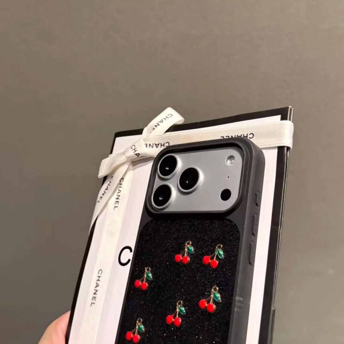 iPhone Black Case with Cherry Pattern – Soft Shockproof Back Cover