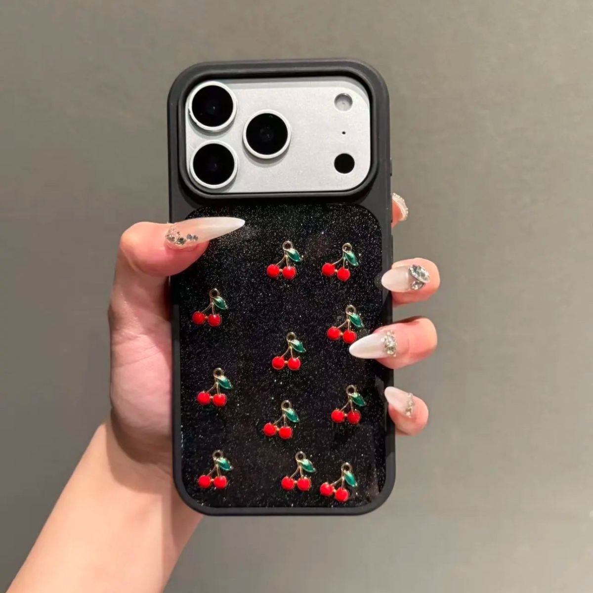 iPhone Black Case with Cherry Pattern – Soft Shockproof Back Cover