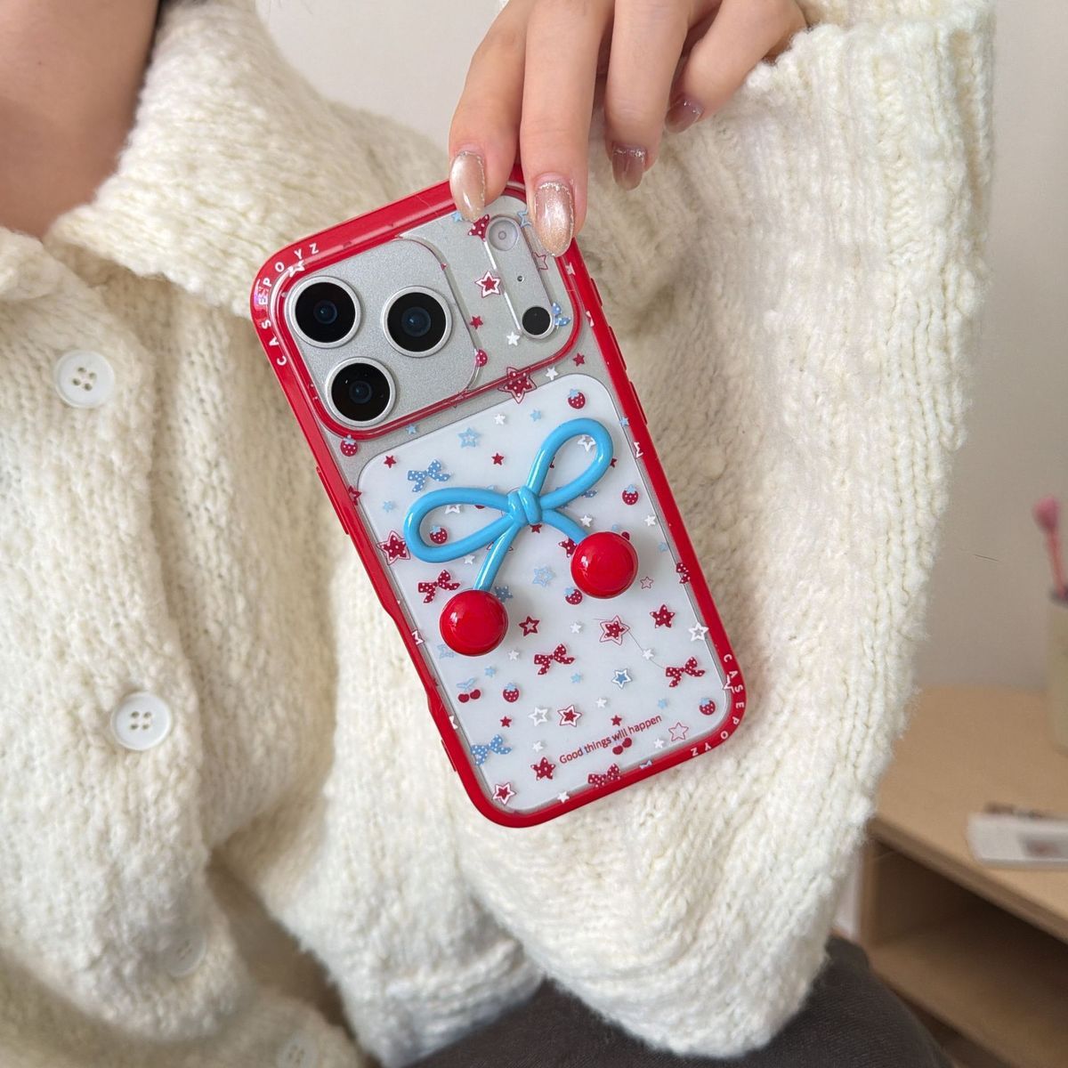 Cute Cherry Bow 3D Designer Phone Case with Shockproof Border