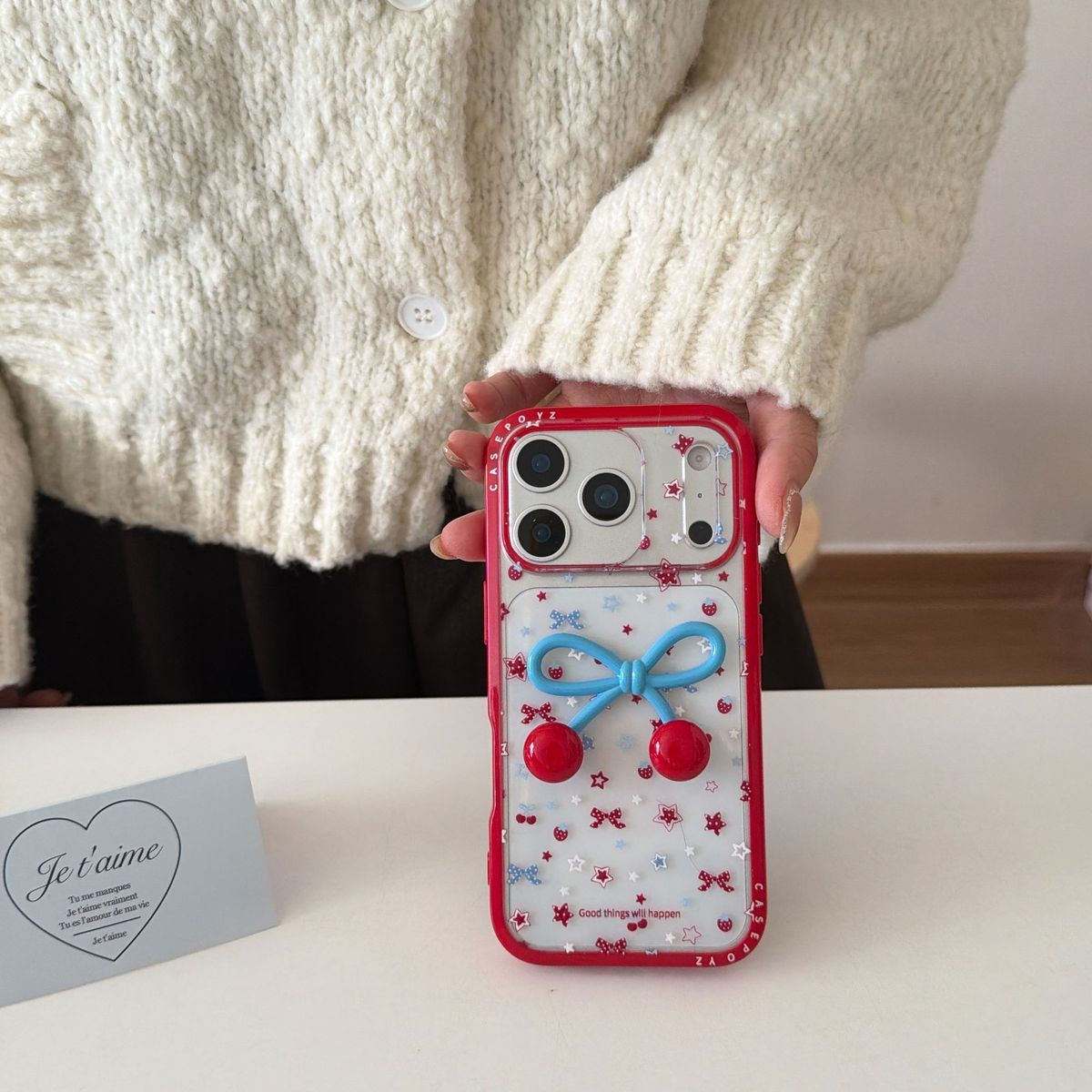 Cute Cherry Bow 3D Designer Phone Case with Shockproof Border