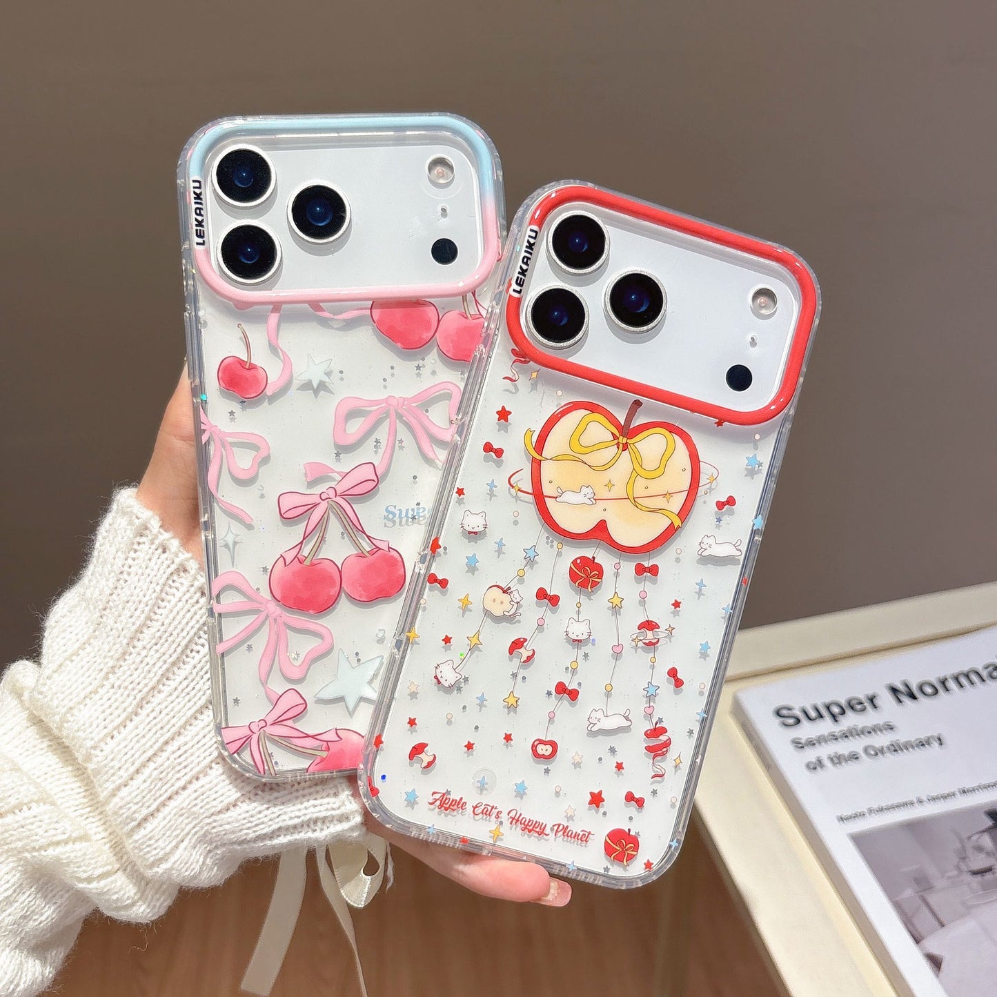 iPhone Clear Case with Cherry & Apple Bow Print – Shockproof Transparent Cover