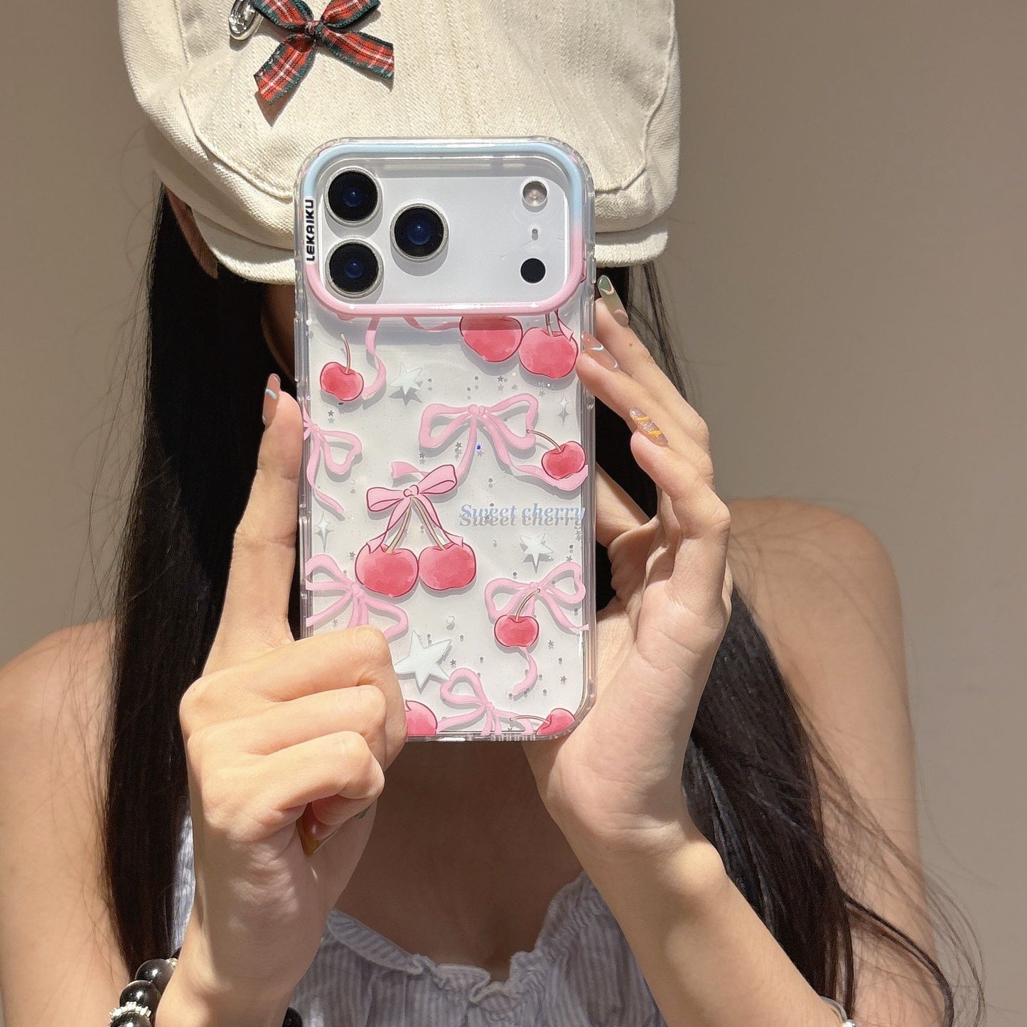 iPhone Clear Case with Cherry & Apple Bow Print – Shockproof Transparent Cover