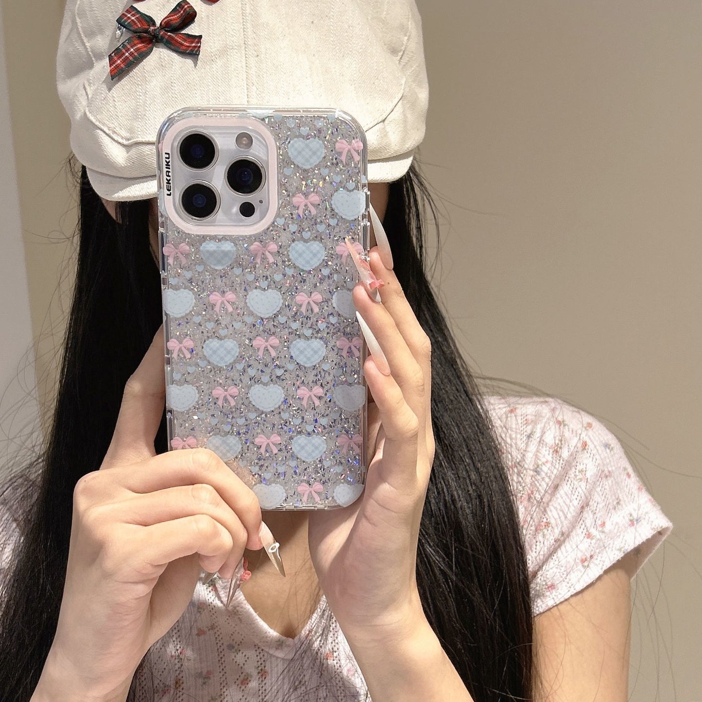 Glitter Bow & Heart Clear iPhone Case – Kawaii Sparkle Transparent Cover