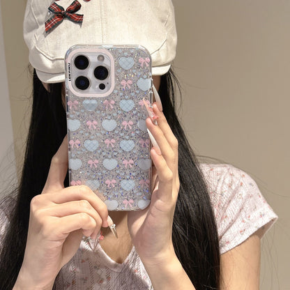 Glitter Bow & Heart Clear iPhone Case – Kawaii Sparkle Transparent Cover
