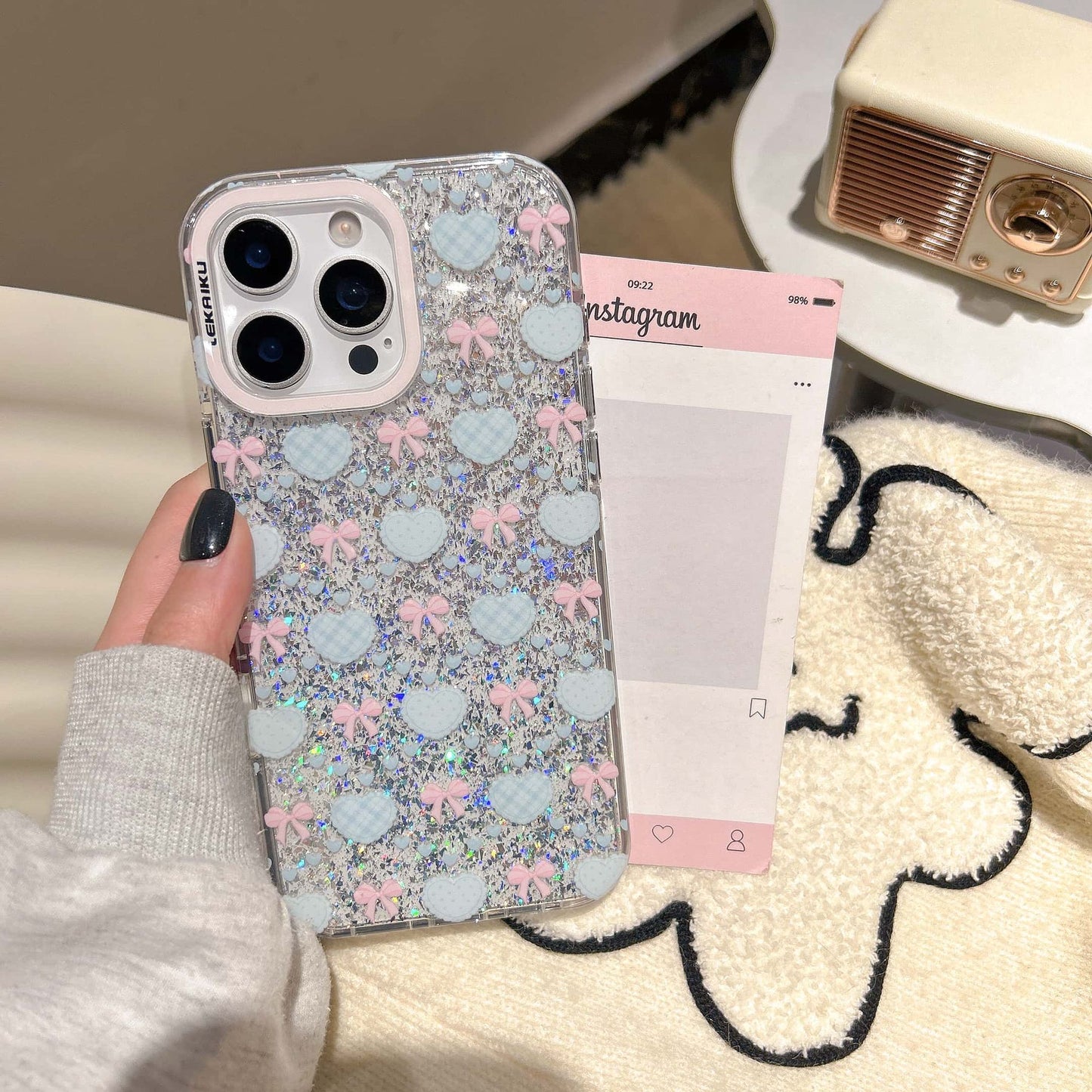 Glitter Bow & Heart Clear iPhone Case – Kawaii Sparkle Transparent Cover