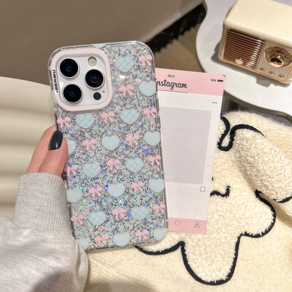 Glitter Bow & Heart Clear iPhone Case – Kawaii Sparkle Transparent Cover