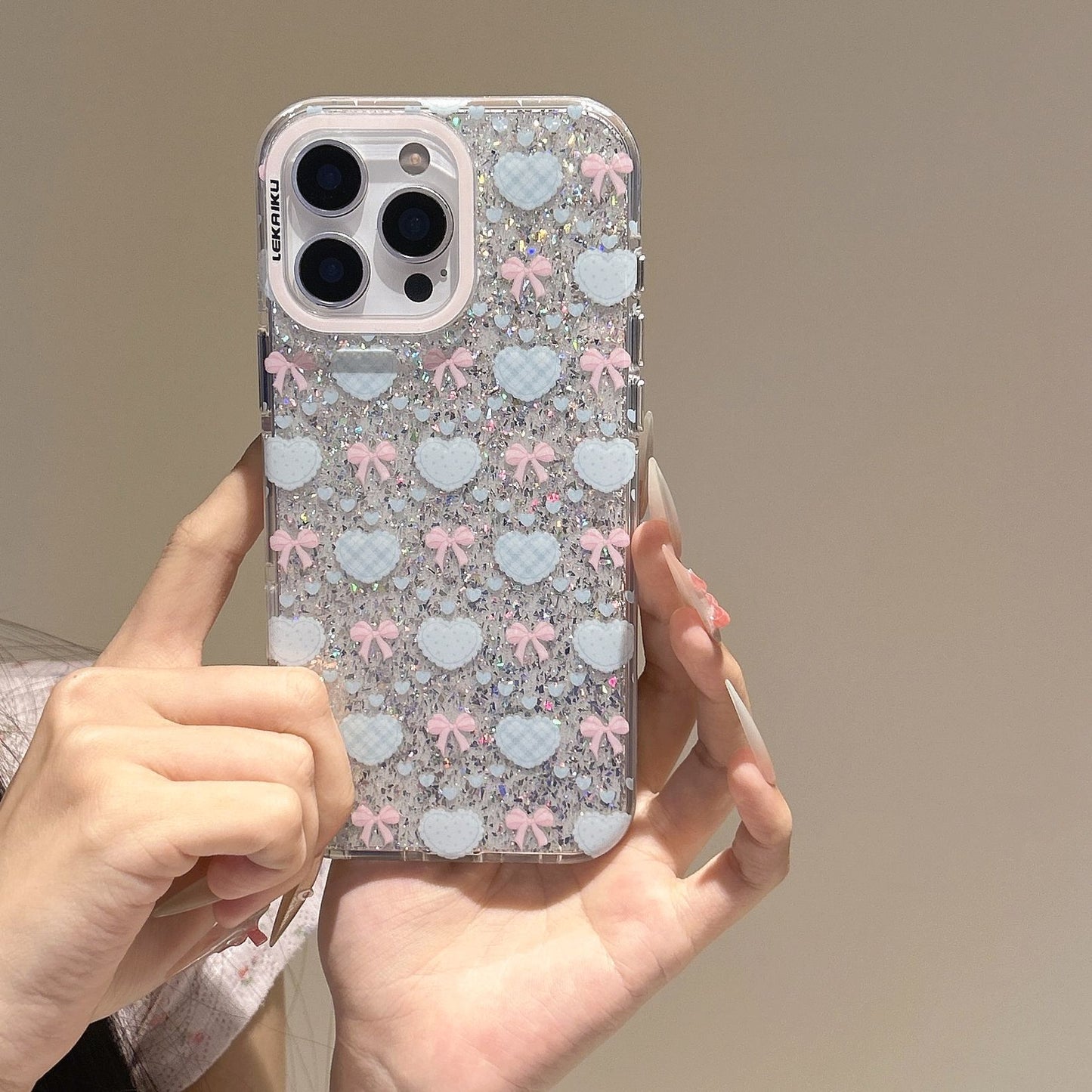 Glitter Bow & Heart Clear iPhone Case – Kawaii Sparkle Transparent Cover