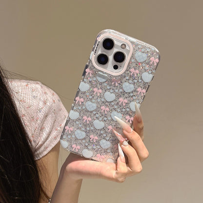 Glitter Bow & Heart Clear iPhone Case – Kawaii Sparkle Transparent Cover
