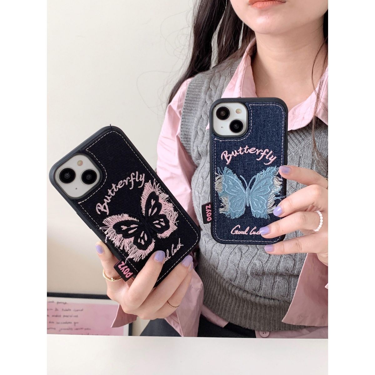 Butterfly Denim Fabric Back Cover for iPhone – Slim Protective Case