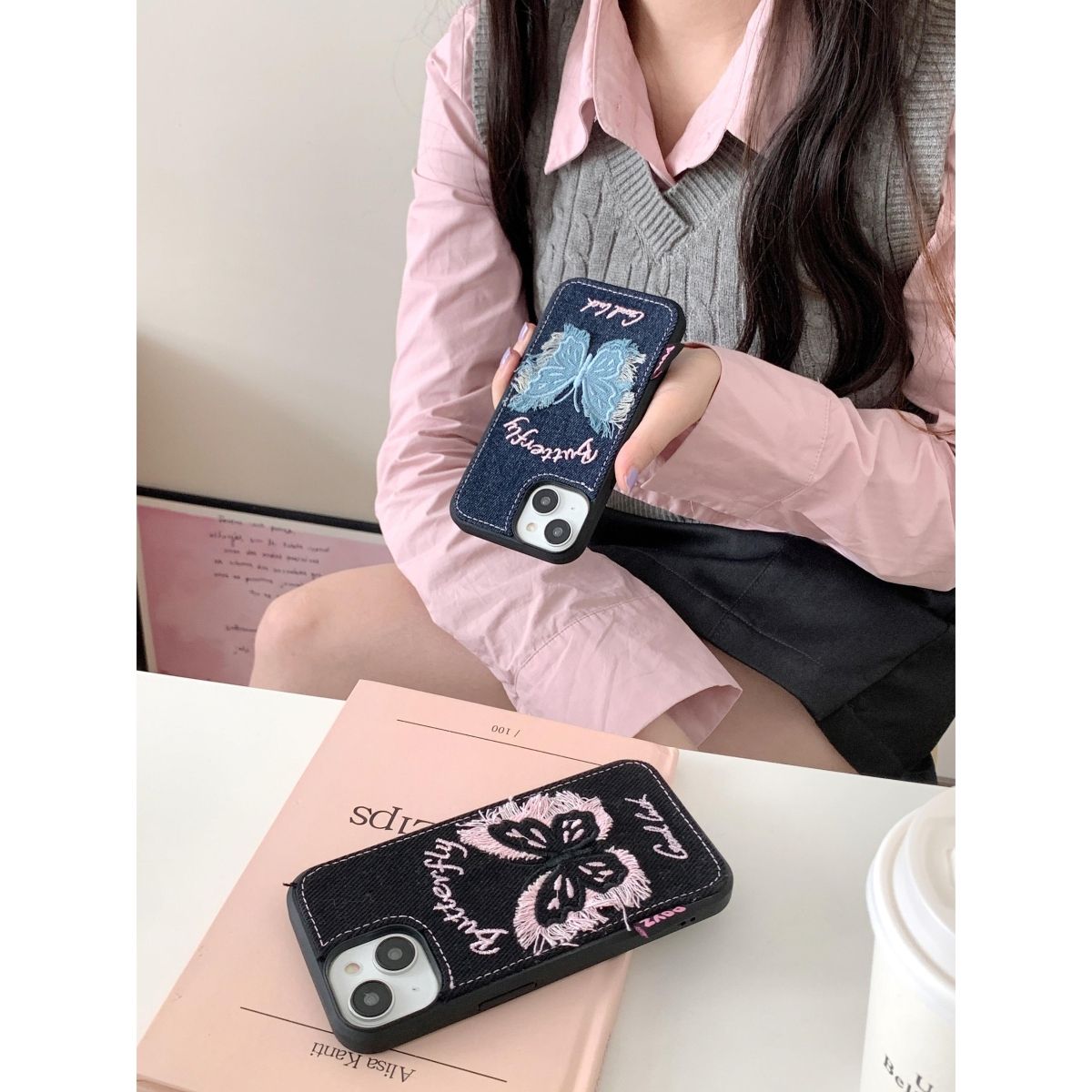 Butterfly Denim Fabric Back Cover for iPhone – Slim Protective Case