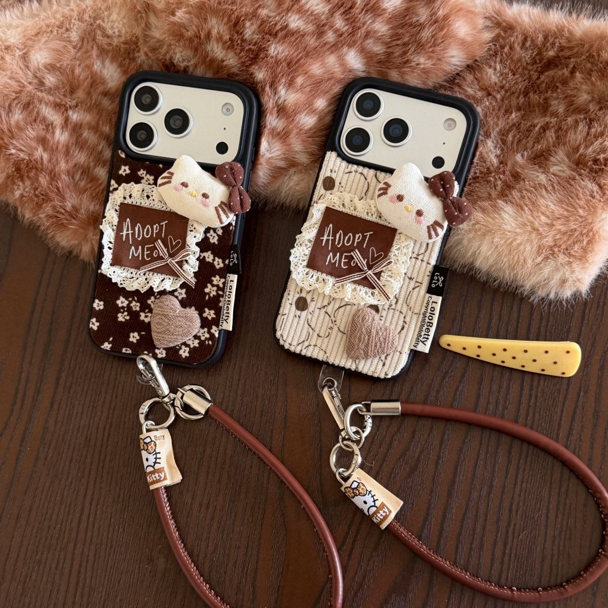 Cute Fabric Back Cover with Cat Design and Strap for iPhone