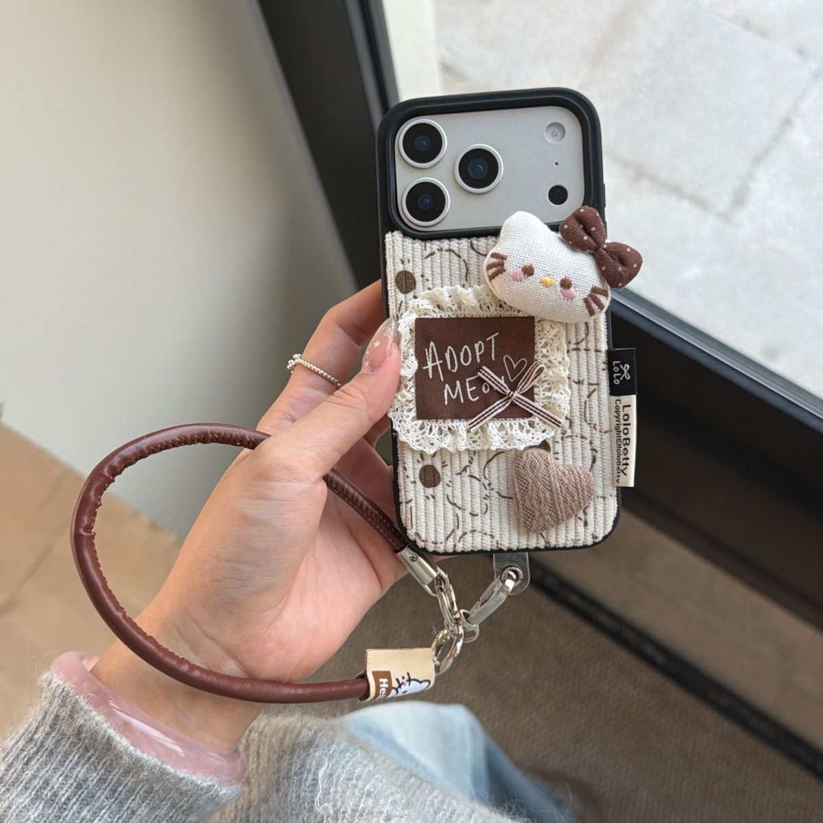 Cute Fabric Back Cover with Cat Design and Strap for iPhone