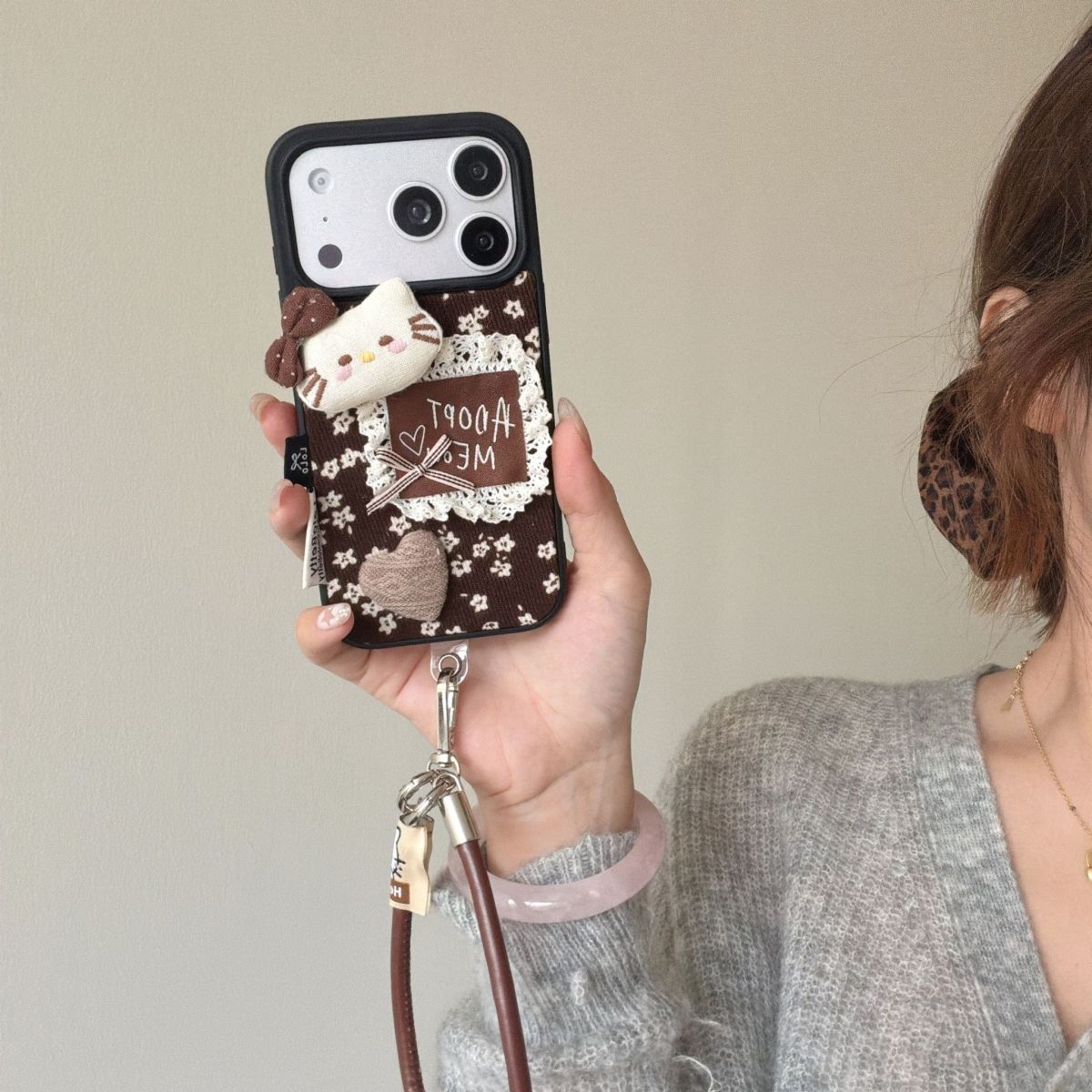 Cute Fabric Back Cover with Cat Design and Strap for iPhone