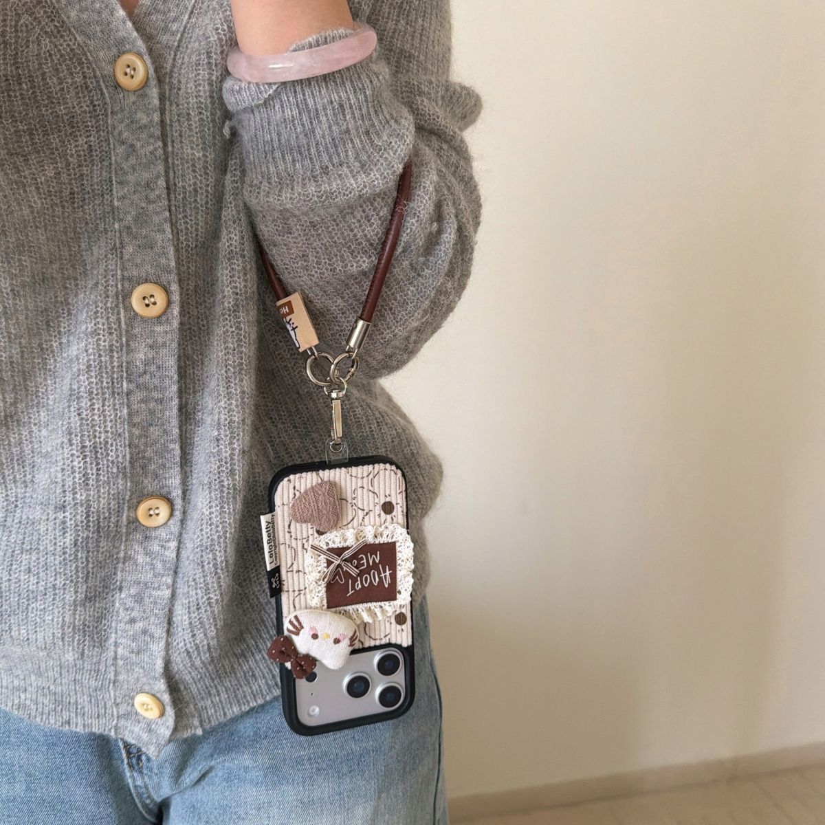 Cute Fabric Back Cover with Cat Design and Strap for iPhone