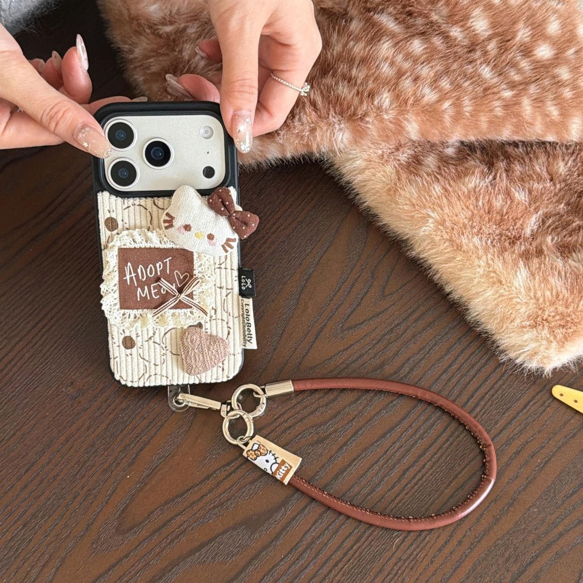 Cute Fabric Back Cover with Cat Design and Strap for iPhone