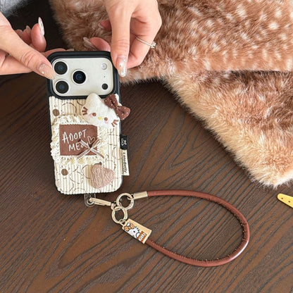 Cute Fabric Back Cover with Cat Design and Strap for iPhone