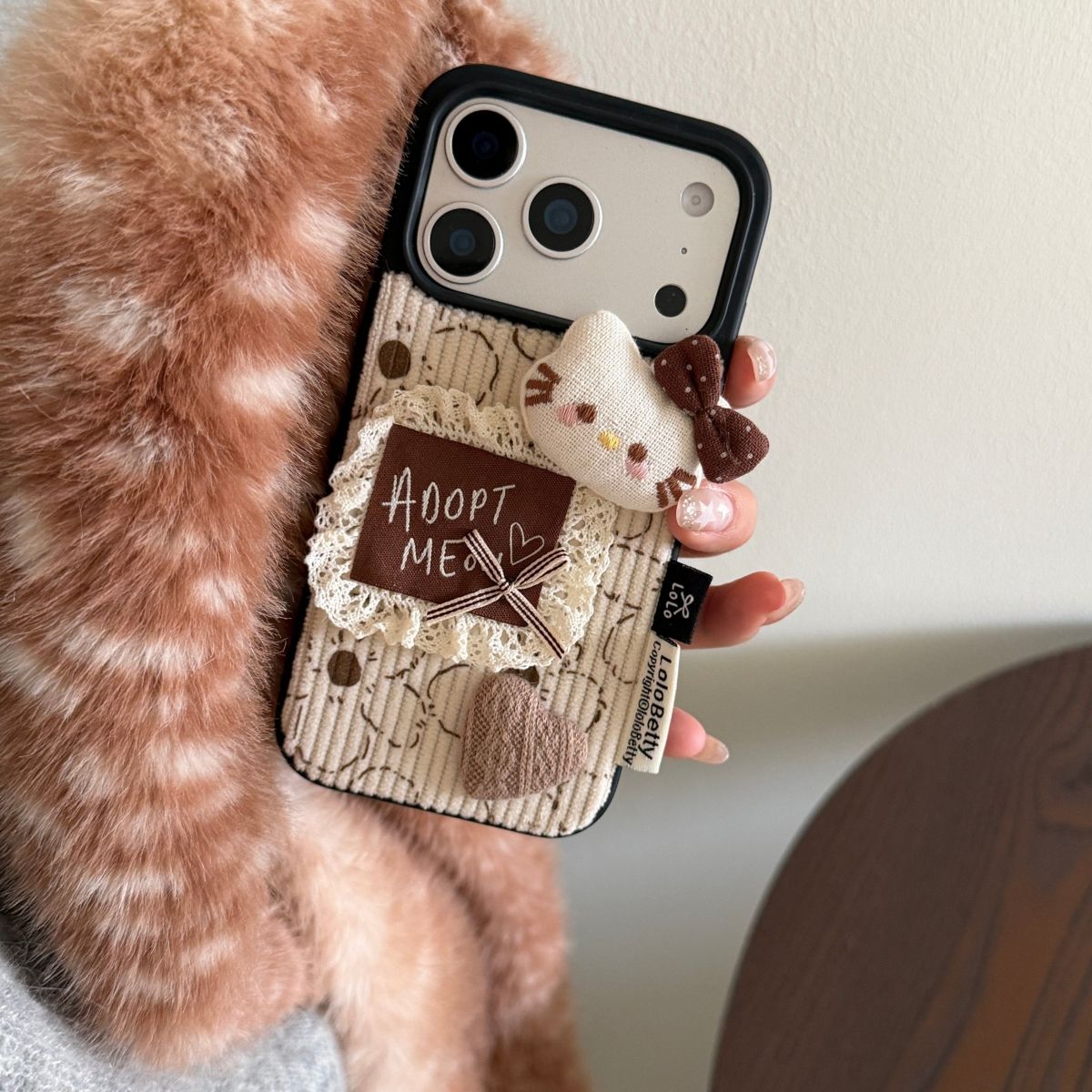Cute Fabric Back Cover with Cat Design and Strap for iPhone