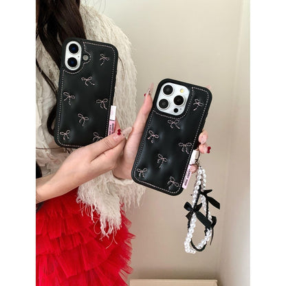 Black Back Cover with Bow Stitch Design and Beaded Strap for iPhone