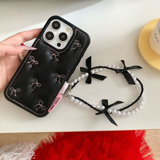 Black Back Cover with Bow Stitch Design and Beaded Strap for iPhone