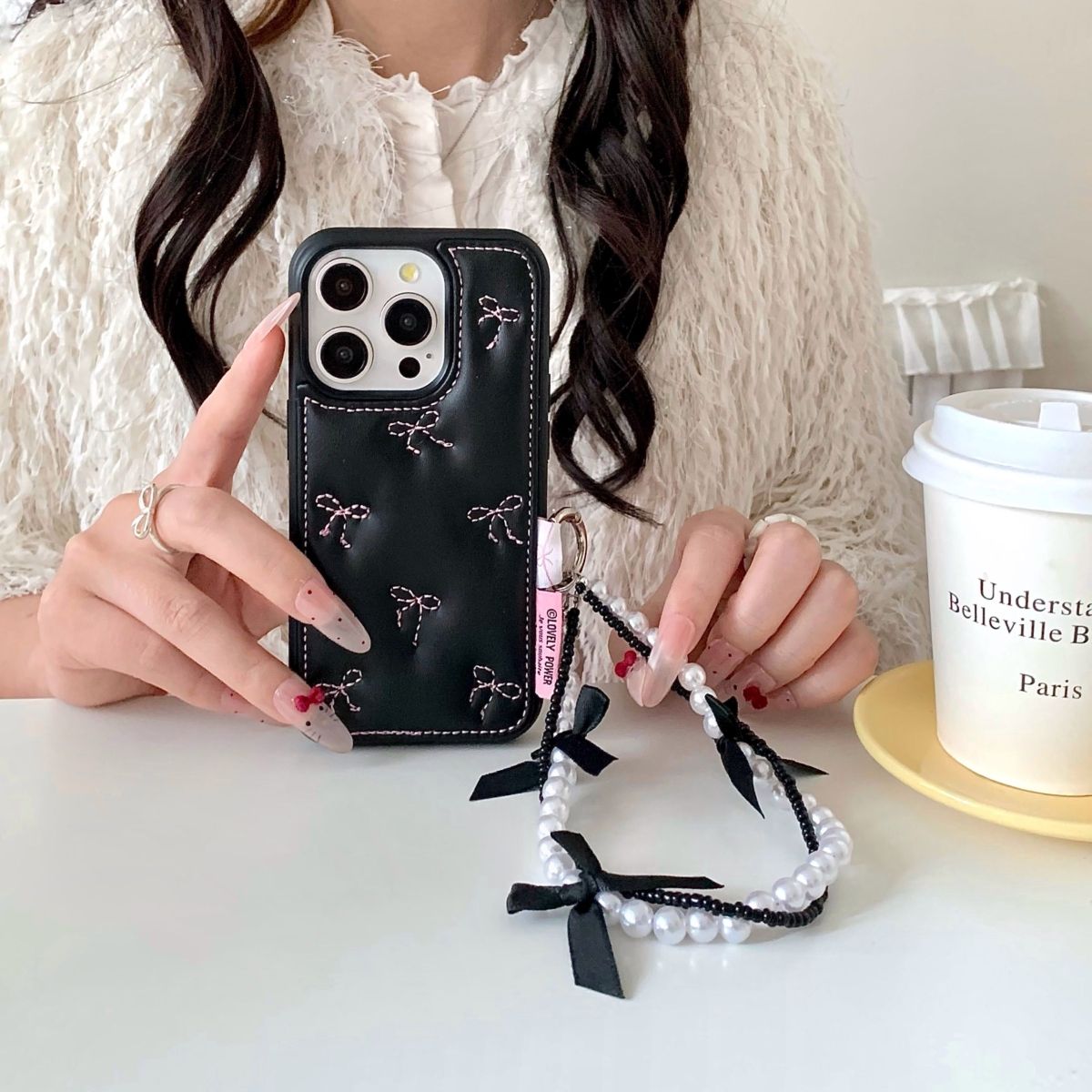 Black Back Cover with Bow Stitch Design and Beaded Strap for iPhone