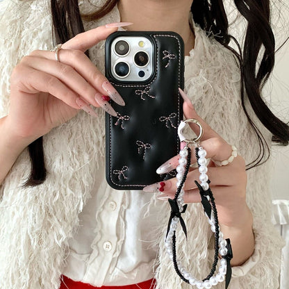 Black Back Cover with Bow Stitch Design and Beaded Strap for iPhone