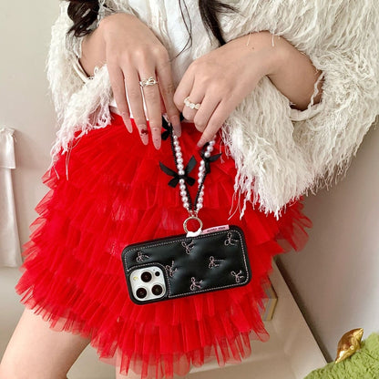 Black Back Cover with Bow Stitch Design and Beaded Strap for iPhone