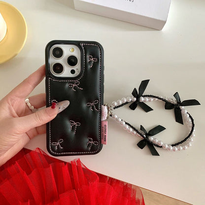 Black Back Cover with Bow Stitch Design and Beaded Strap for iPhone